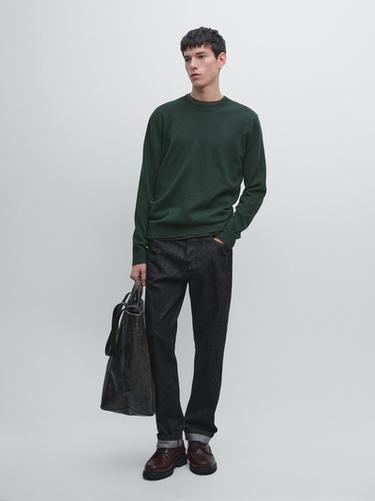 Zara Knit cotton and wool sweater with crew neck - Bottle green - Image 0