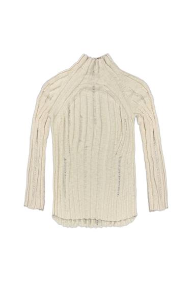 Beige knit sweater with a high collar and long sleeves, vertical ribbed design on a white background.