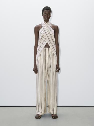 Zara Striped crossover neckline top - Studio - Ecru - Image 0