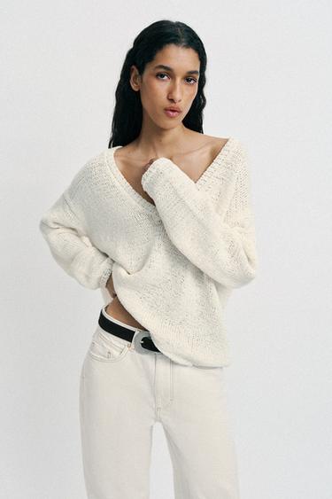V-NECK KNIT JUMPER - Ecru by Zara