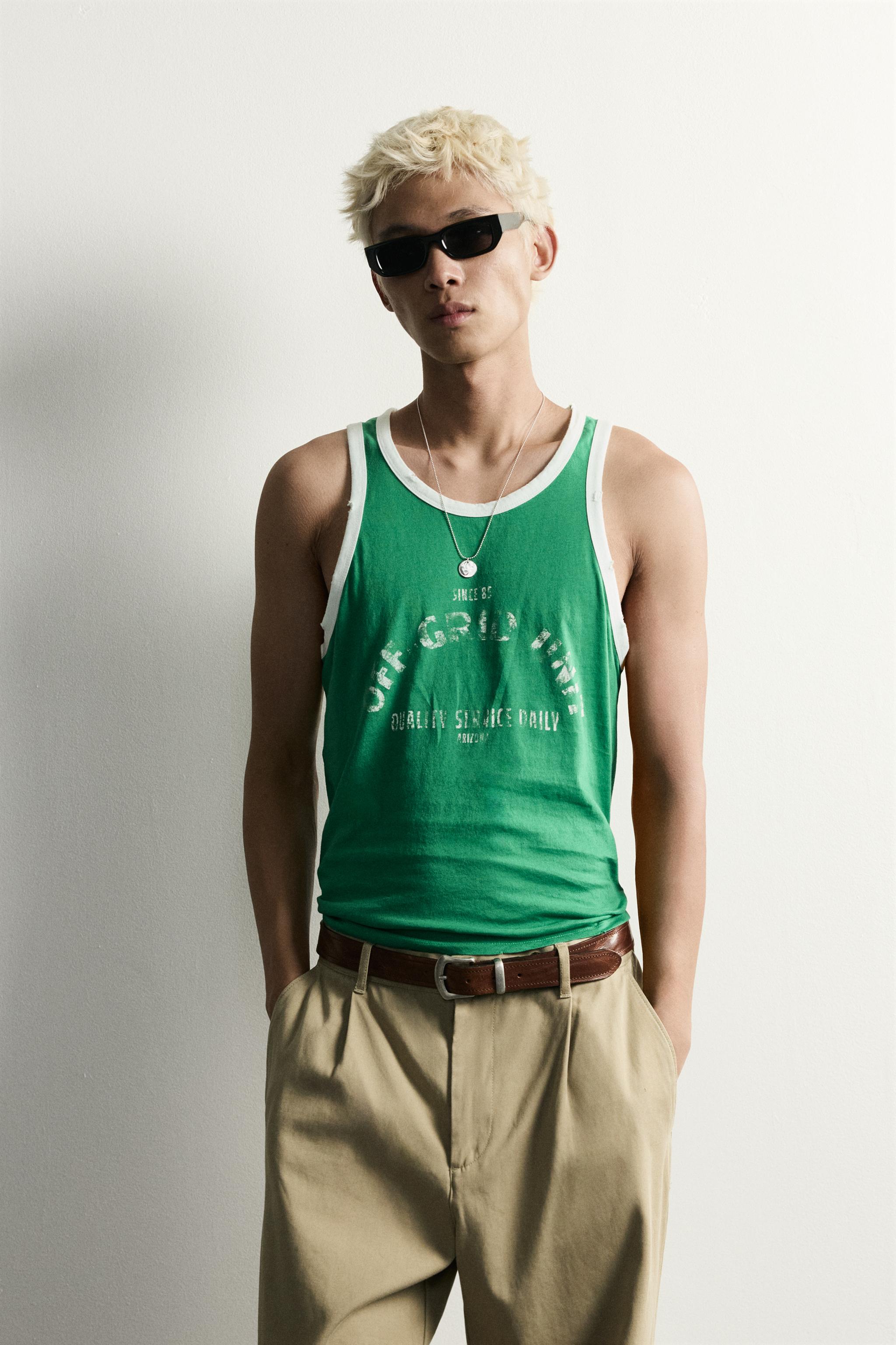 CONTRAST VINTAGE EFFECT TANK TOP — Green / Ecru