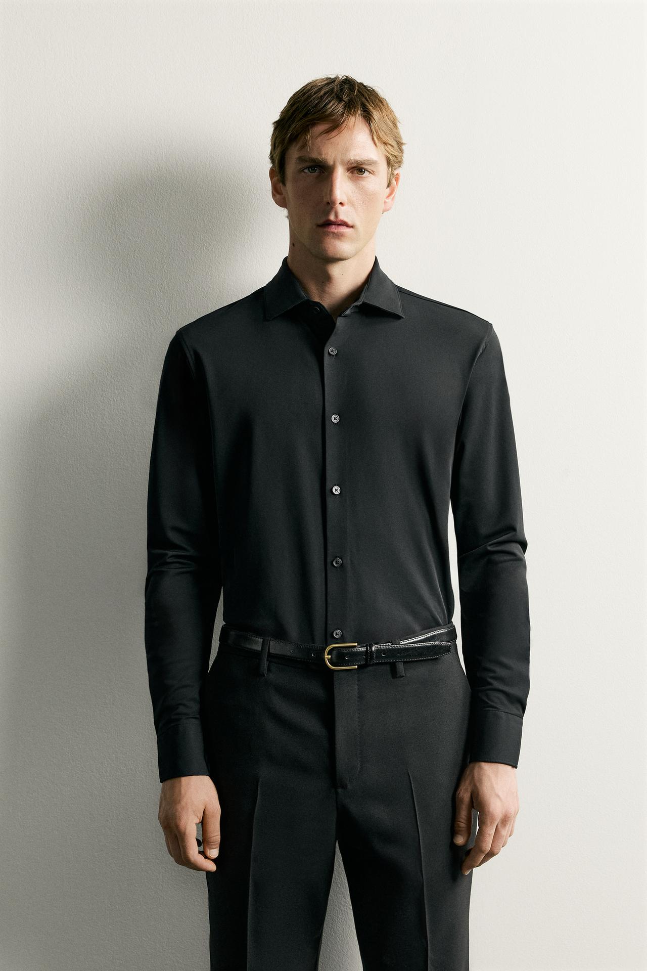 TEXTURED REGULAR FIT SHIRT — Black