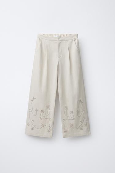 PANTALÓN WIDE LEG ABALORIOS CON LINO Y ALGODÓN - Arena de Zara - Imagen 0