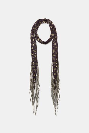 BEADED FRINGED SCARF - Khaki by Zara - Image 0
