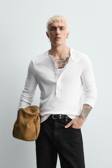 RIBBED T-SHIRT WITH BUTTONED NECKLINE - White by Zara