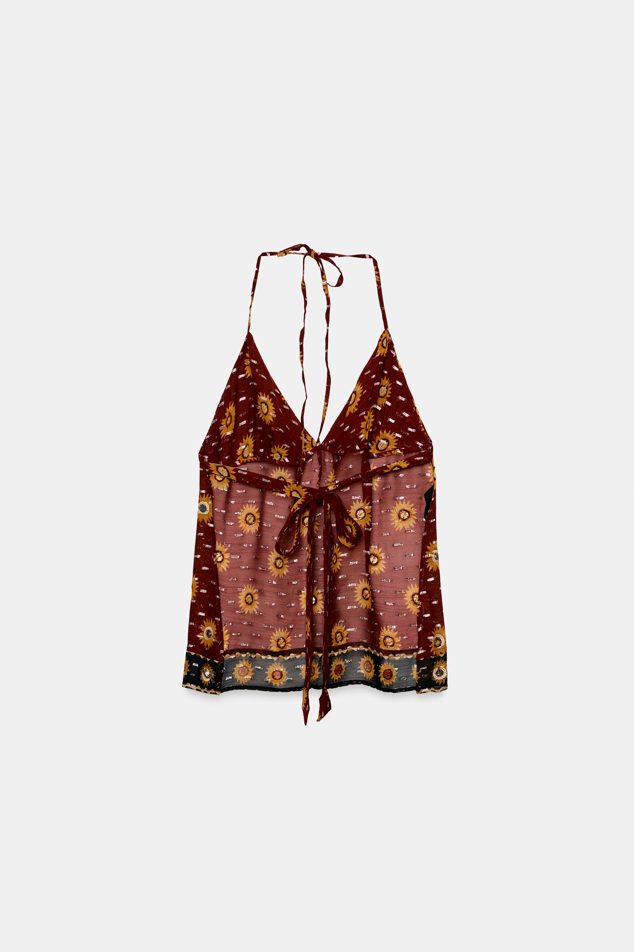 BEADED PRINT GEORGETTE HALTER TOP