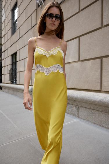 Zara LACE LINGERIE MIDI DRESS - Mustard
