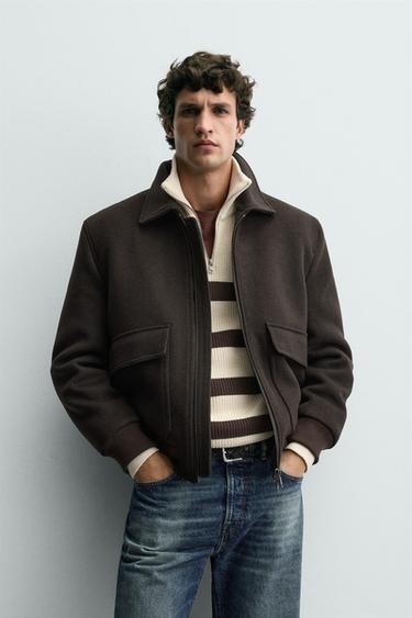 WOOL BLEND JACKET WITH CONTRAST COLLAR - Brown by Zara