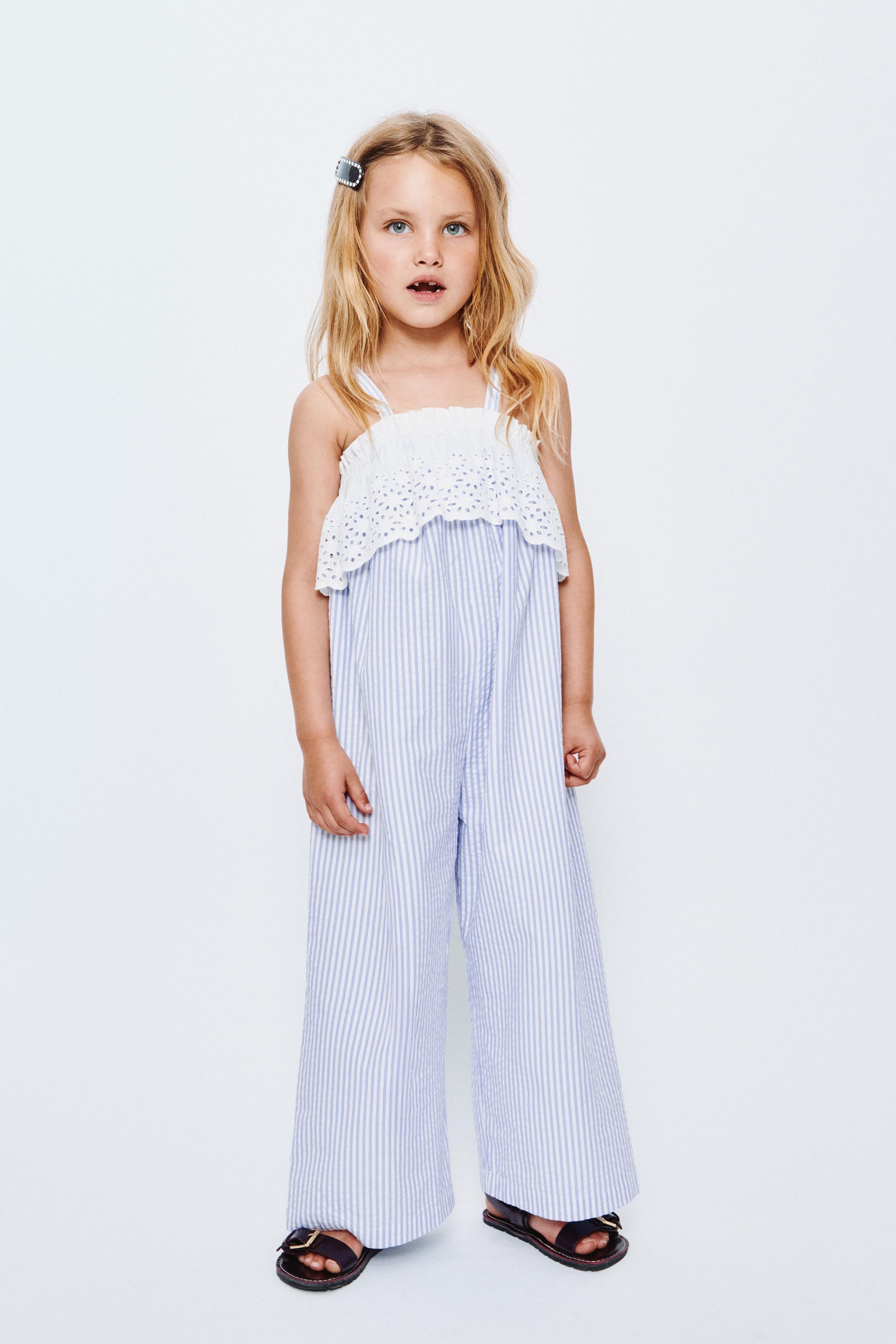 COMBINATION STRIPED AND SWISS EMBROIDERED JUMPSUIT — Light blue