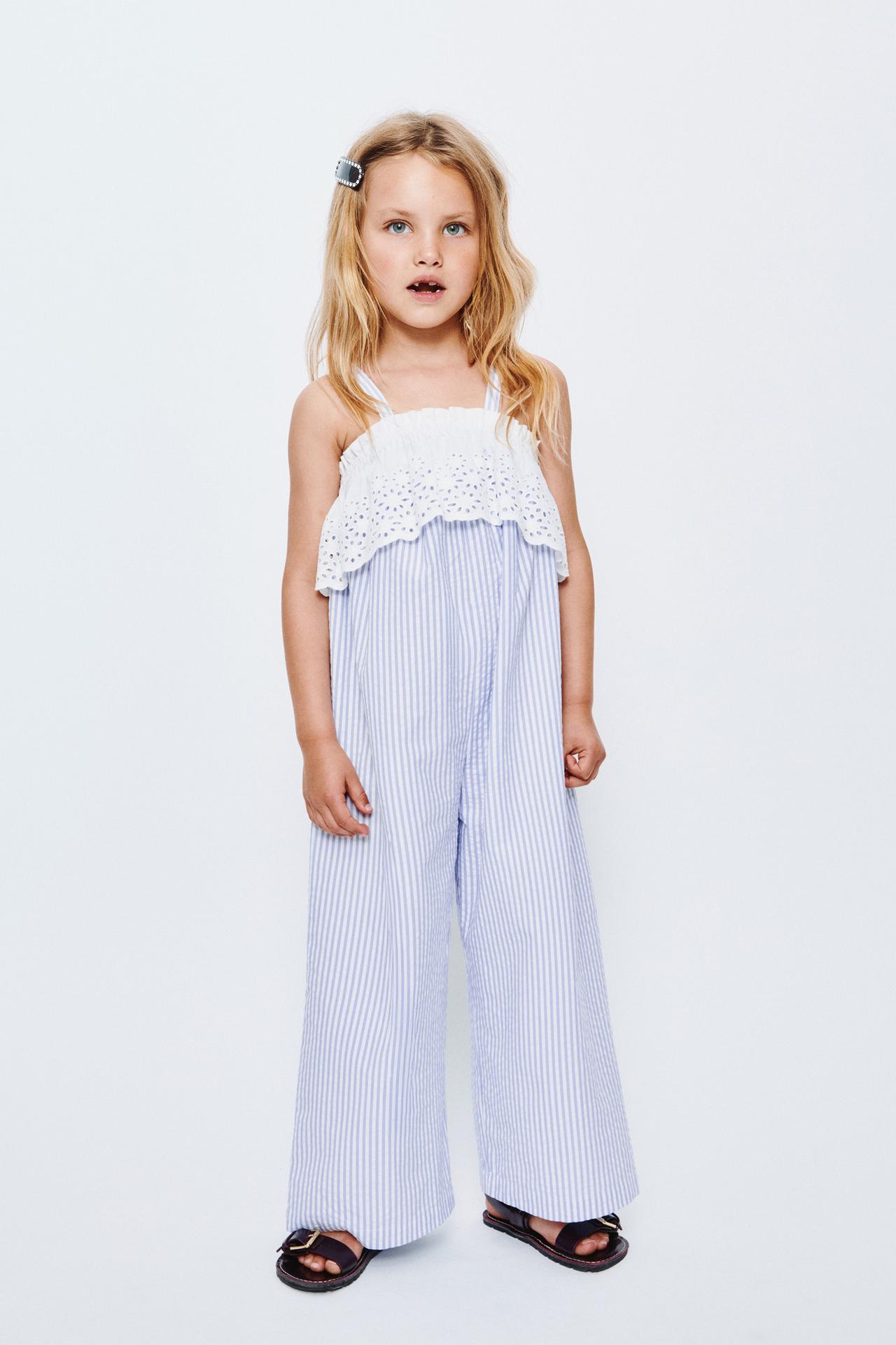 COMBINATION STRIPED AND SWISS EMBROIDERED JUMPSUIT — Light blue
