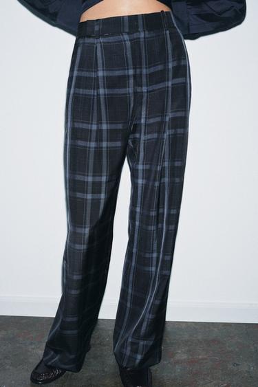 Zara ZW COLLECTION PLAID WIDE LEG PANTS - Navy blue