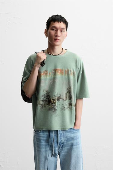 WASHED PRINT KNIT T-SHIRT - Light green by Zara