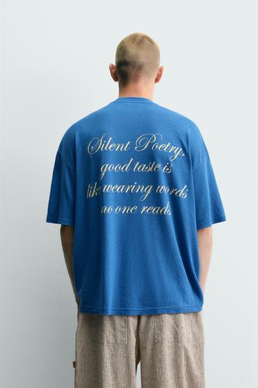 CAMISETA TEXTOS ESTAMPADOS MEZCLA LINO - Azulón de Zara