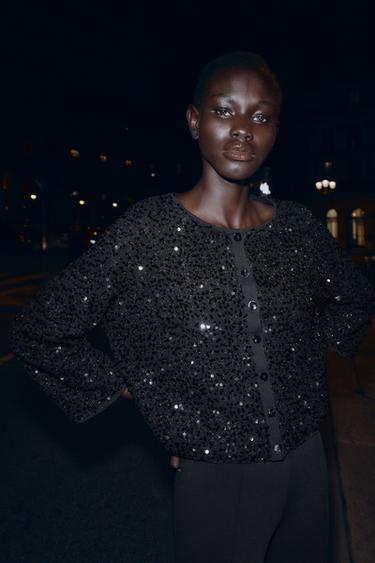 جاكيت مغزول بالترتر - أسود by Zara