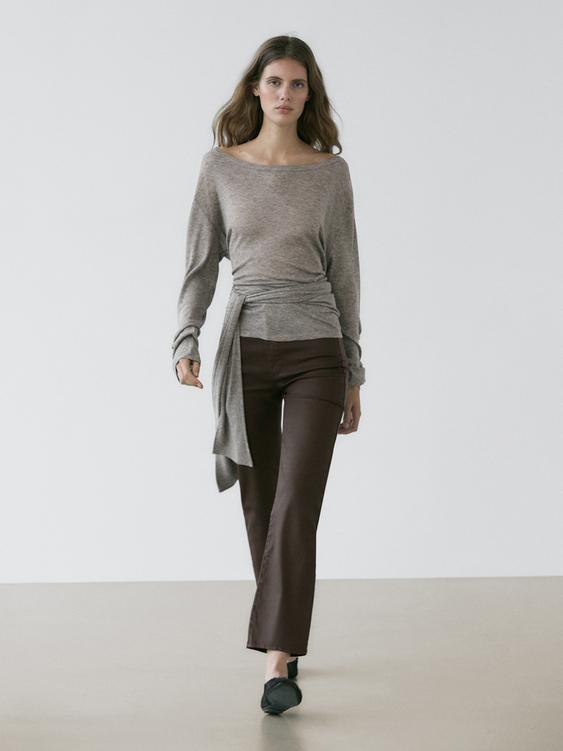 High-waist straight-leg waxed trousers