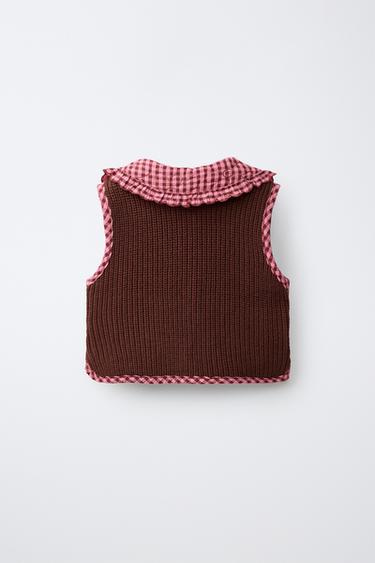 Zara REVERSIBLE GINGHAM KNIT VEST - Fuchsia