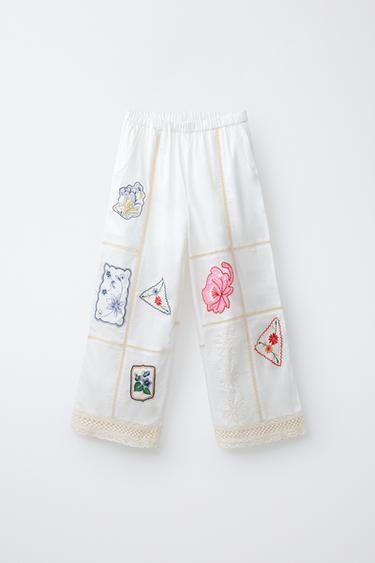 ШТАНИ STRAIGHT FIT З ВИШИВКОЮ ПЕЧВОРК - Сіровато-бежевий колір Zara - Зображення 0