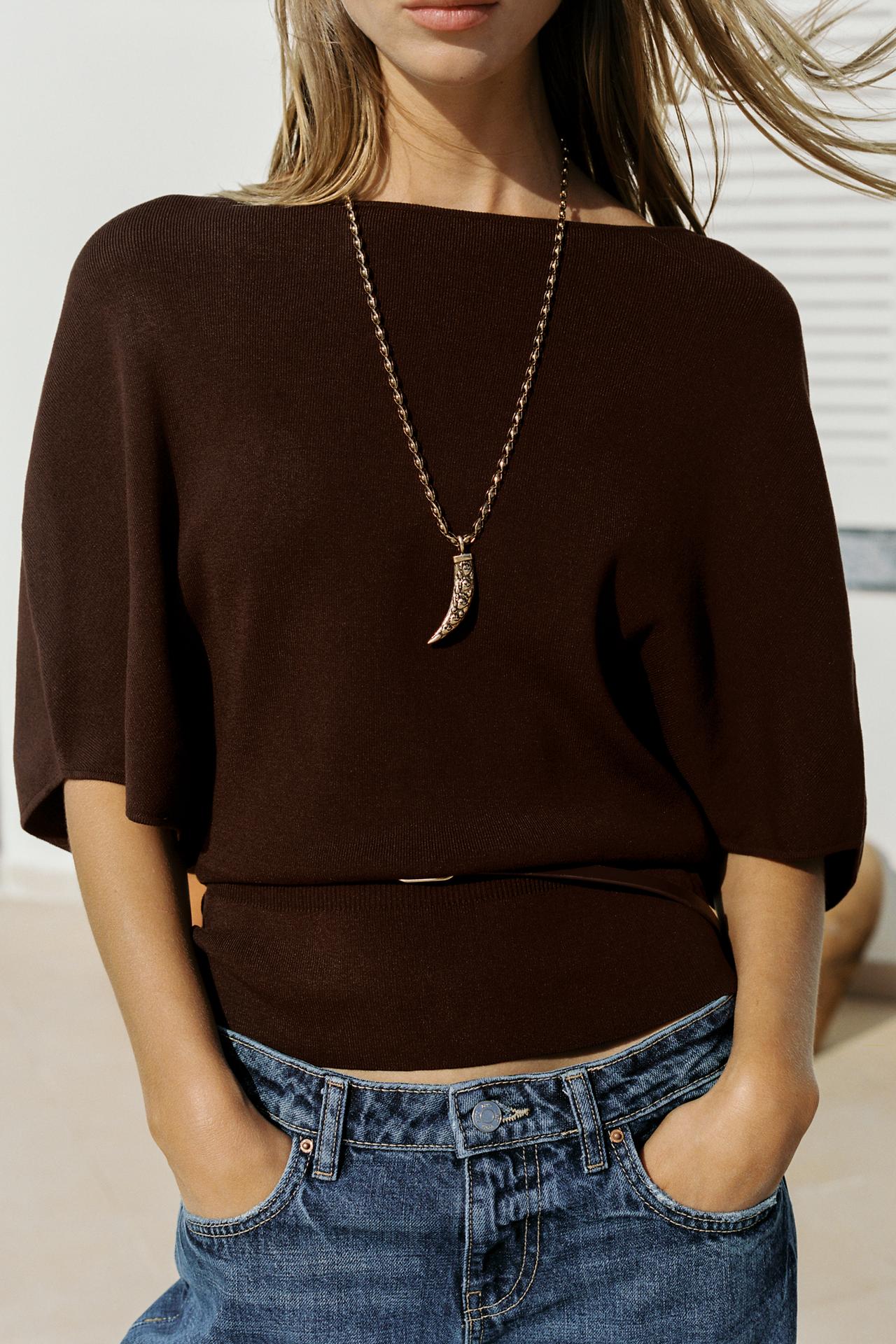 BELTED KNIT TOP — Dark brown