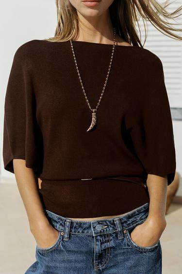 BELTED KNIT TOP - Dark brown by Zara