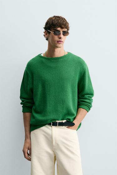 LINEN-COTTON SWEATER - Green by Zara