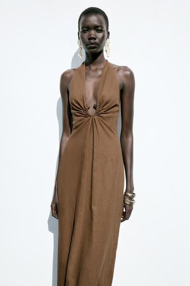 MIDI DRESS WITH BUCKLE LINEN BLEND - Toffee by Zara