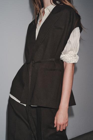 Zara ZW COLLECTION DOUBLE BREASTED LINEN VEST - Brown
