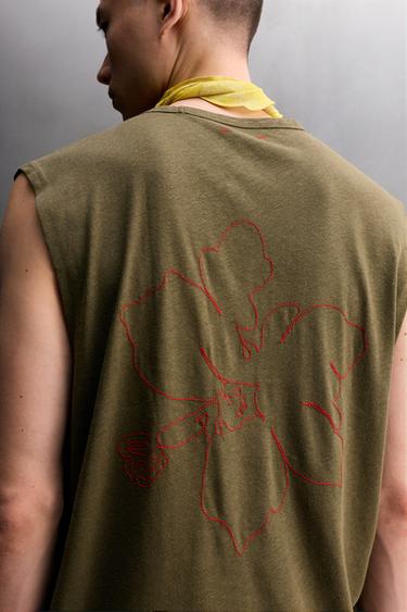 Zara LIGHTWEIGHT LINEN-COTTON TANK TOP - Mid-green