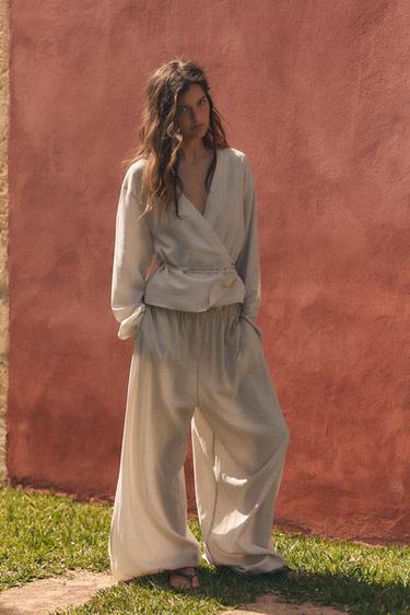 Zara TIED PALAZZO PANTS - Mid-ecru