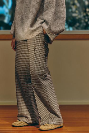 Zara 千鳥格紋工裝褲 - 黑色 / 棕色