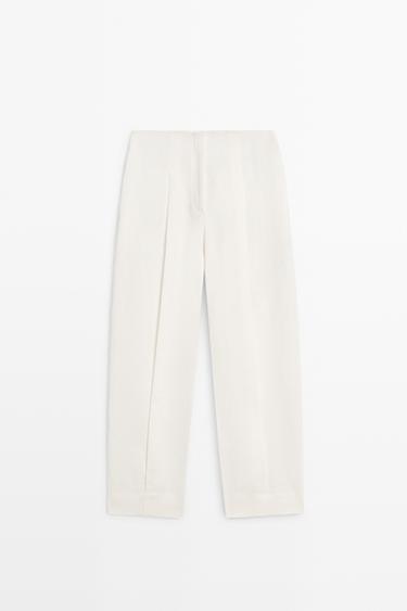 Zara Linen trousers with darts and cuffed hems - Oyster-white - Image 0