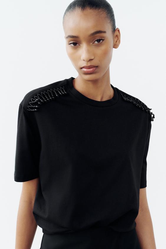 T-SHIRT WITH RHINESTONE SHOULDERS - Black | ZARA Singapore