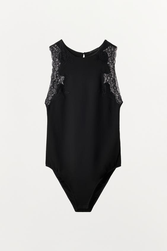 BODY MEZCLA VISCOSA ENCAJE - Negro de Zara - Imagen 0