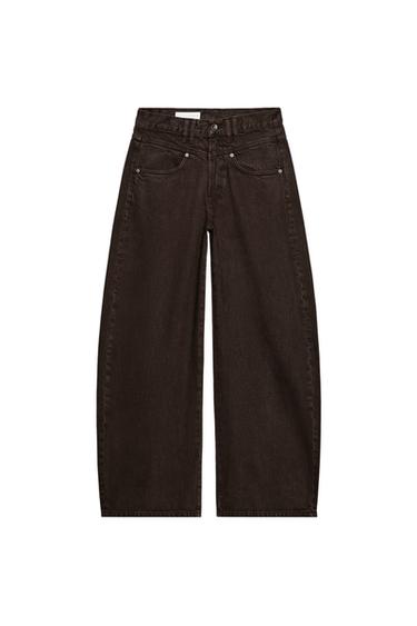 Front view of brown wide-leg trousers with front and back pockets, button and zip fastening.