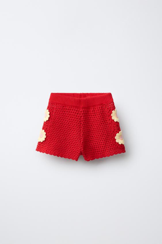 FLORAL CROCHET KNIT BERMUDA SHORTS - Red by Zara - Image 0