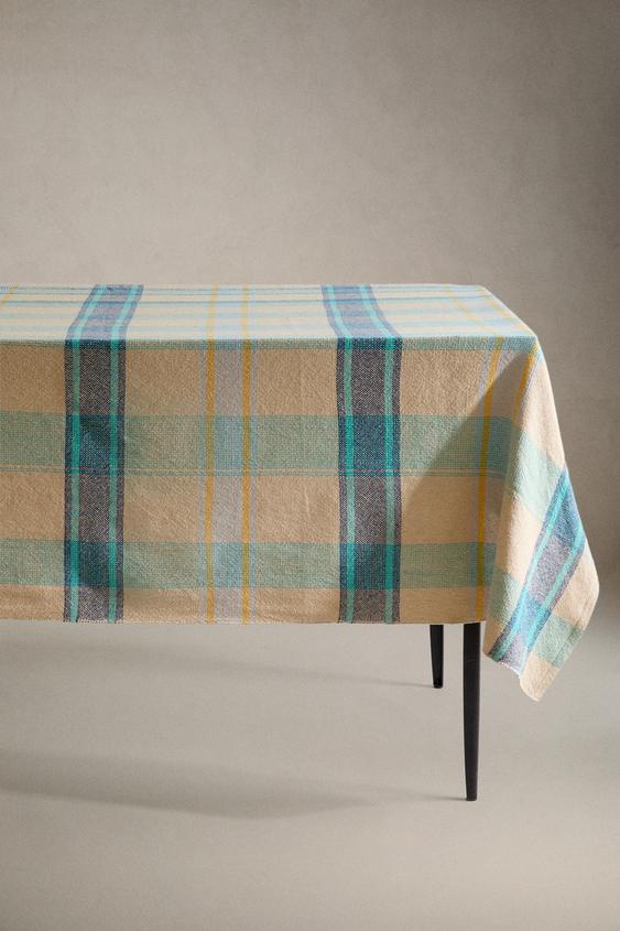 Zaras BORDSDUK MED RUTIG DESIGN OCH FÄRGAD TRÅD - Blå - Bild 0