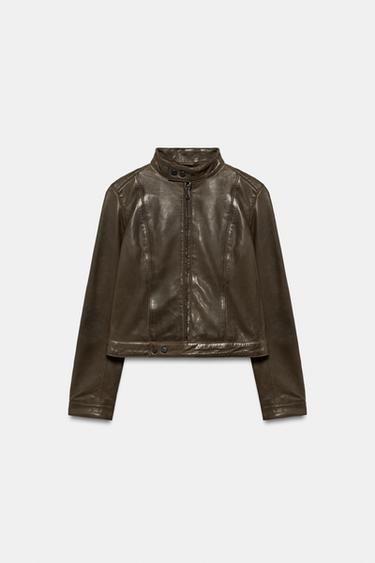 CAZADORA PIEL 100% CREMALLERA - Verde gris de Zara - Imagen 0