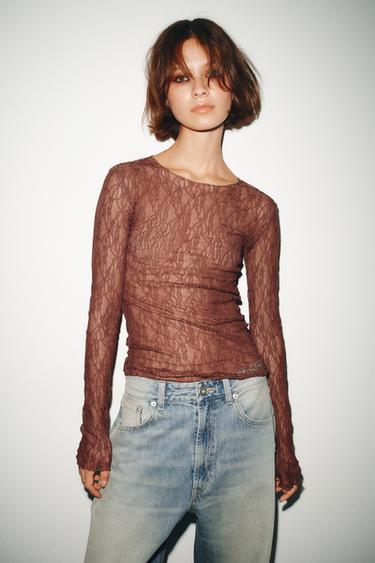 Zara LONG SLEEVE LACE TOP - Brown marl