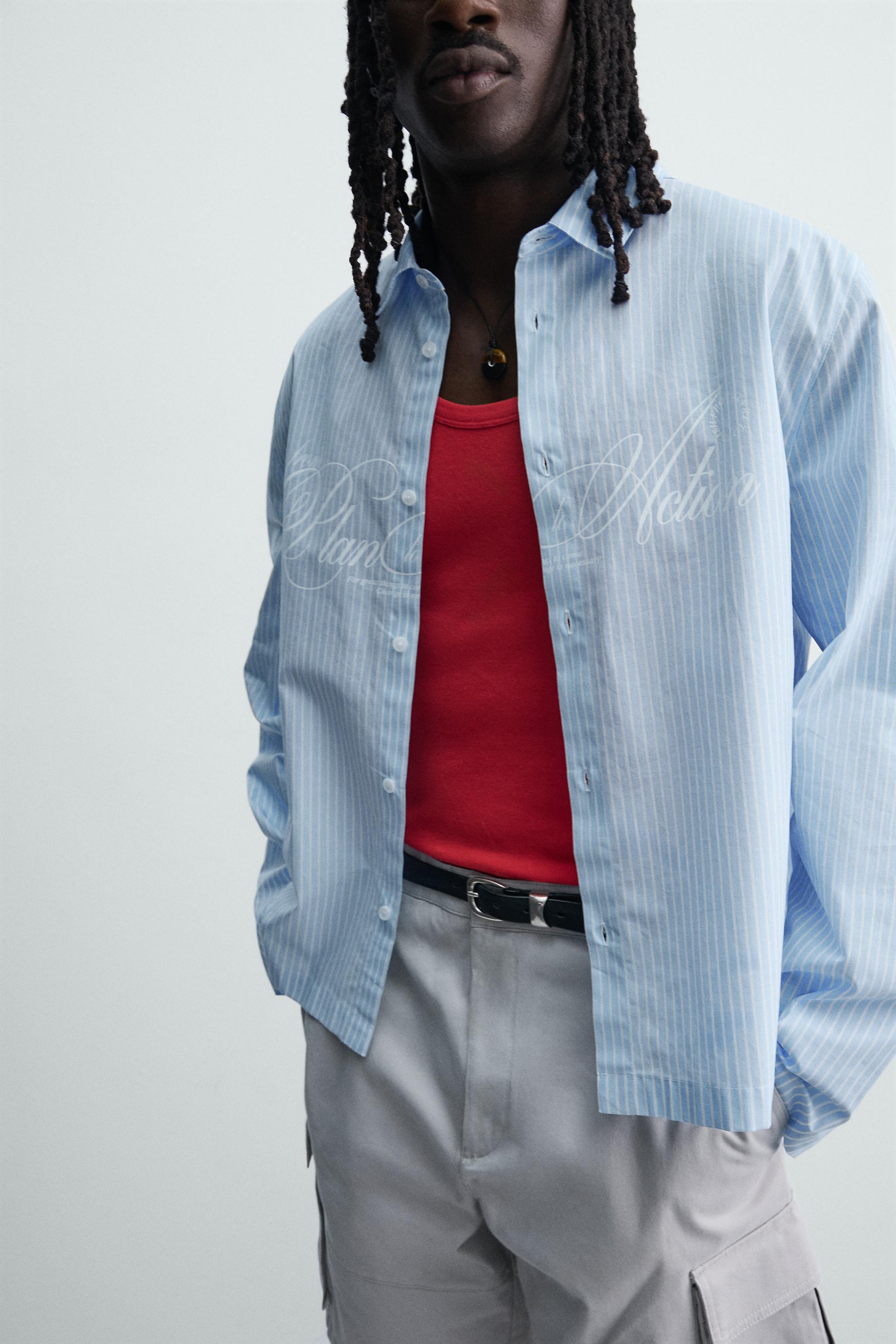 BOXY FIT TEXT PRINT STRIPED SHIRT