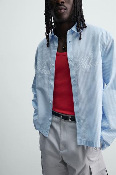 BOXY FIT STRIPED SLOGAN SHIRT - Light blue by Zara - Image 4