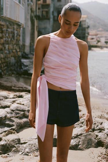 TOP HALTER POPELÍN PLIEGUES LAZO - Rosa de Zara
