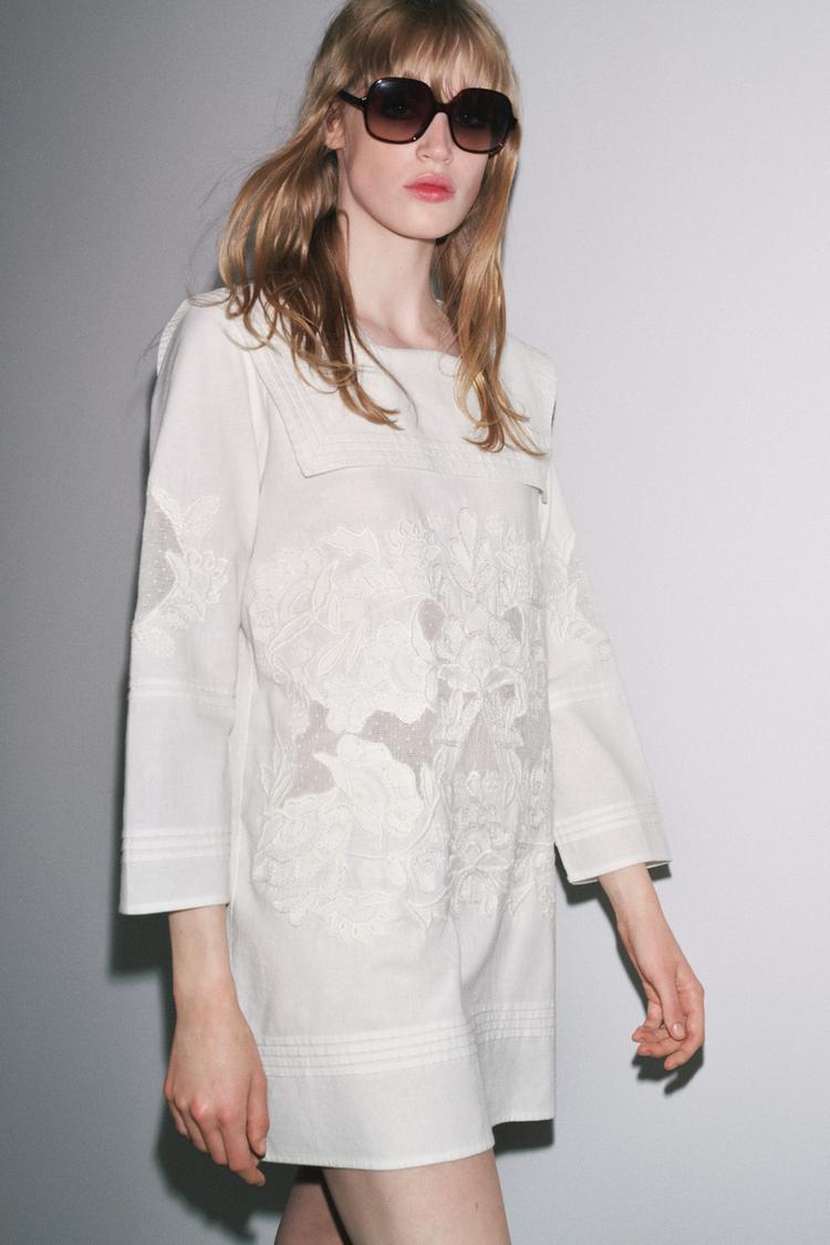 ZW COLLECTION EMBROIDERED SHORT DRESS White ZARA New Zealand