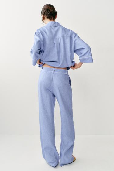 PANTALON LIN DÉTAIL LISERÉS - Bleu clair de Zara - Image 3