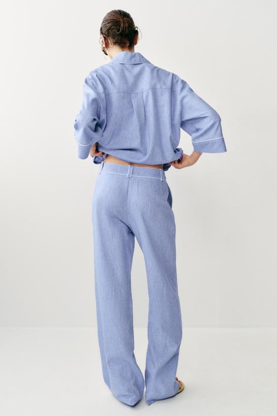 PANTALON LIN DÉTAIL LISERÉS - Bleu clair de Zara - Image 3