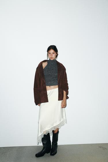 VESTE OVERSIZE EN CUIR DAIM 100 % - Marron foncé de Zara - Image 4