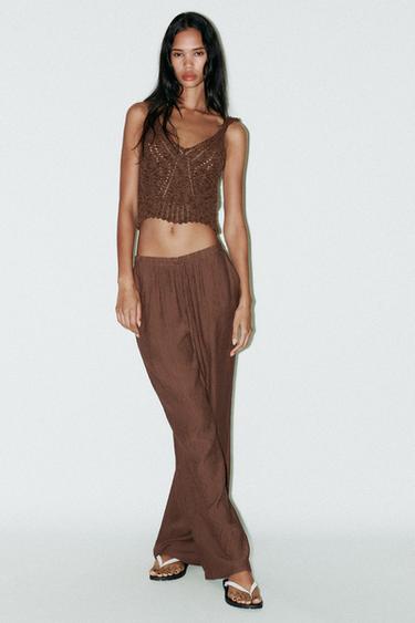 Zara POINTELLE KNIT TOP - Brown - Image 0
