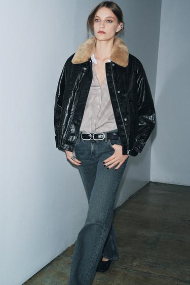 Zara FAUX FUR COLLAR JACKET ZW COLLECTION - Black