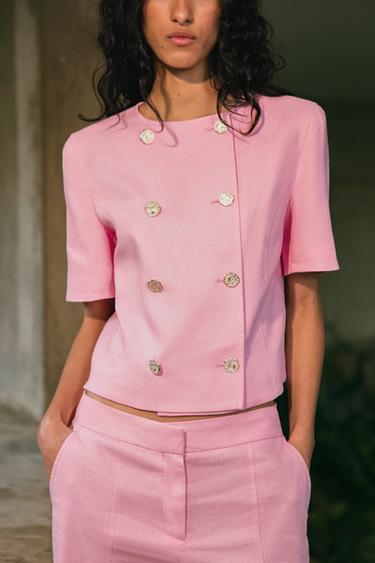 Zara SHORT SLEEVE DOUBLE BREASTED BLAZER - Pink