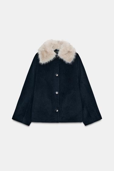 JACKE MIT KUNSTFELLKRAGEN UND WOLLE ZW COLLECTION - Marineblau von Zara
