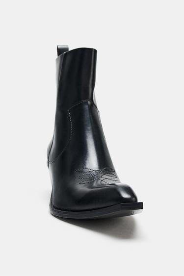 Zara COWBOY LEATHER ANKLE BOOTS WITH TOPSTITCHING - Black