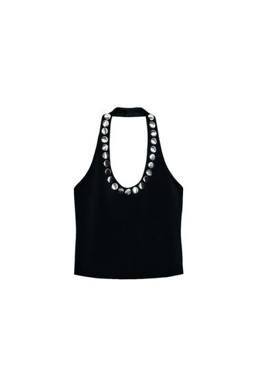 Zara STUDDED HALTER TOP - Black
